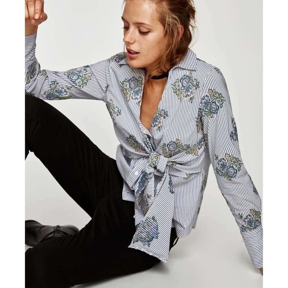 NEW Zara Striped & Floral Front Knot Shirt, Size M - Picture 2 of 9